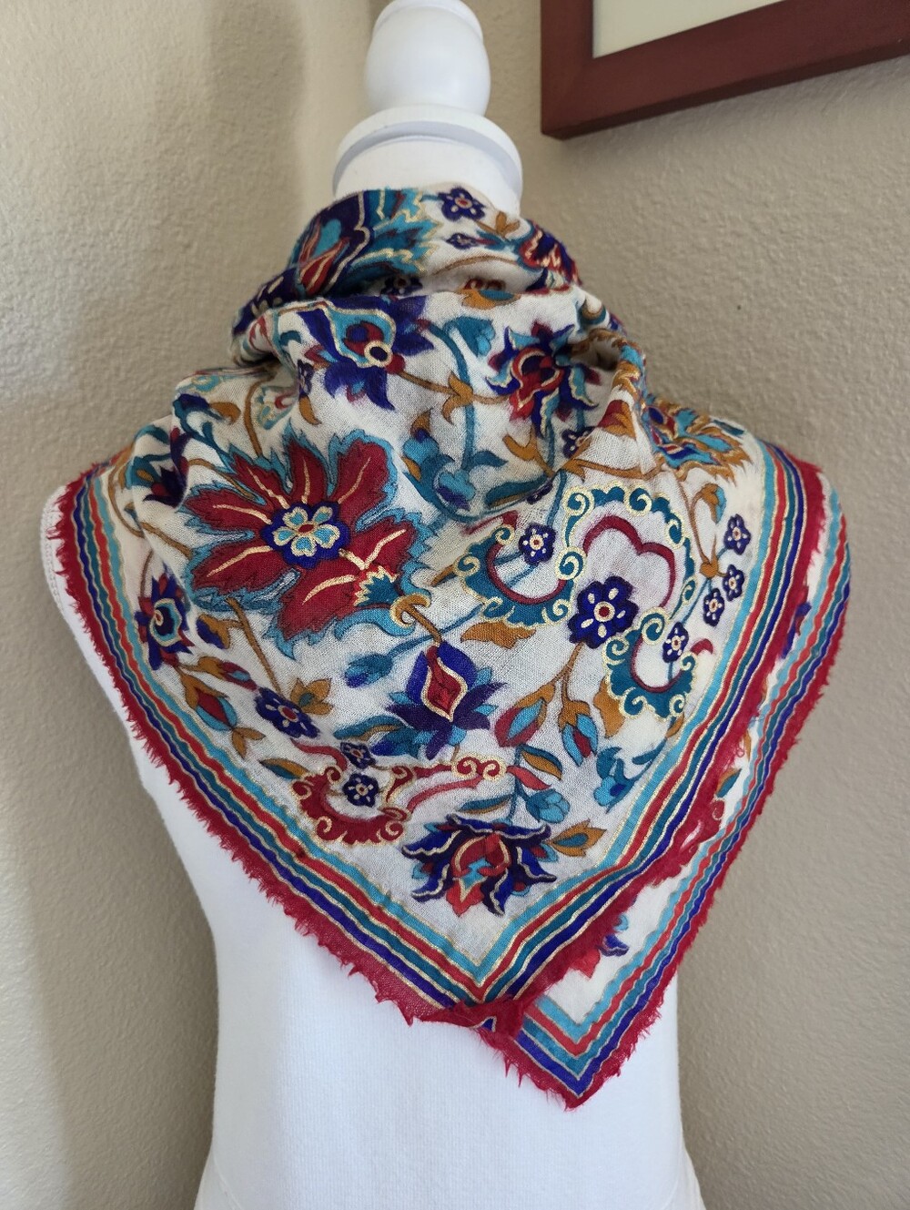 vintage wool square scarf persian floral paisley fringed raw hem red teal